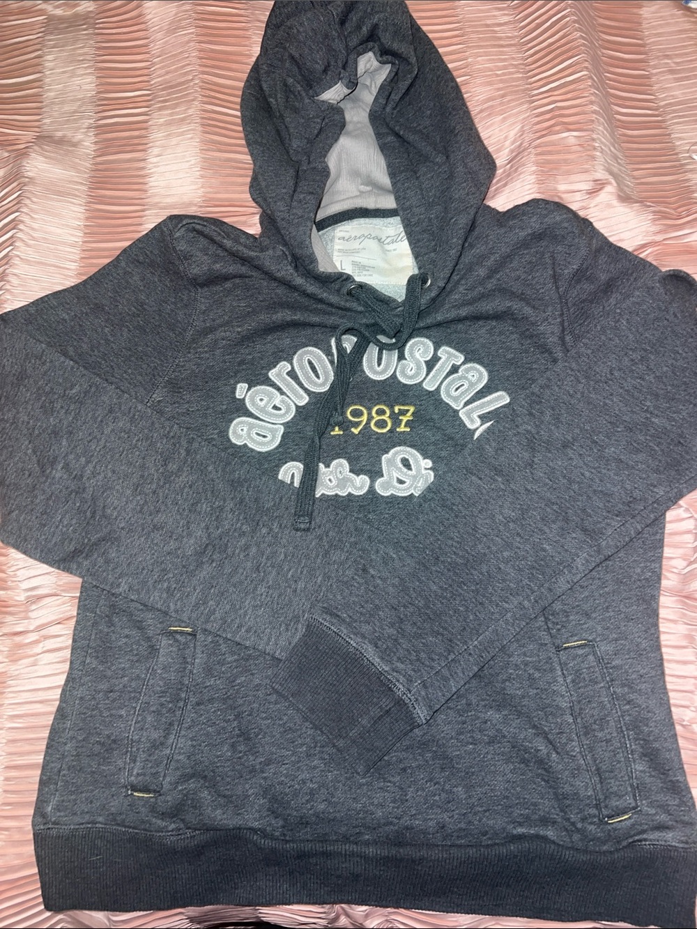 Aeropostale Charcoal Gray Hooded Pullover with Embroidered Logo